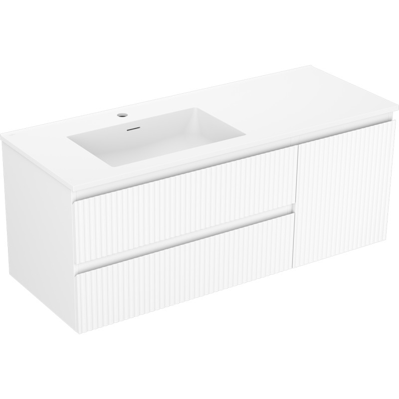 Mexen Rivel Badezimmerschrank 120 cm mit Waschbecken Otis links, 2S, 1T, geriffelt, weiß matt - 91A23-12047-3-BBFFF01-W18L01