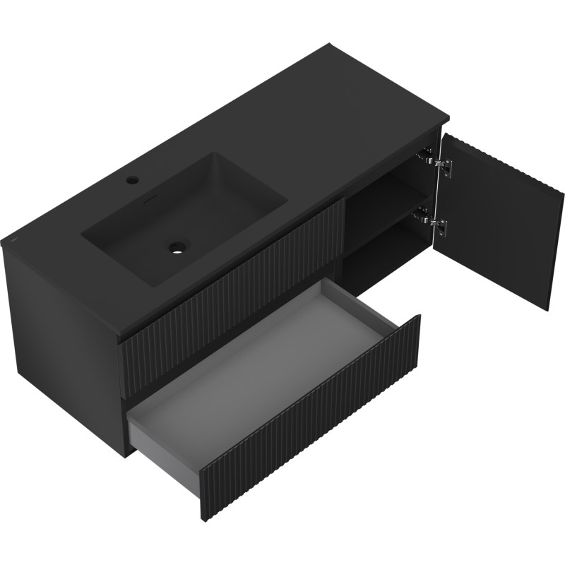 Mexen Rivel Badezimmerschrank 120 cm mit Waschbecken Otis links, 2S, 1D, geriffelt, schwarz matt - 91A23-12047-3-BBFFF71-W18L71