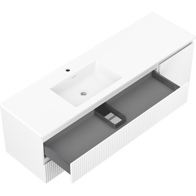 Mexen Rivel Badezimmerschrank 160 cm mit Waschbecken Otis links, 2S, 1D, geriffelt, weiß matt - 91A23-16047-3-BBFFF01-W18L01
