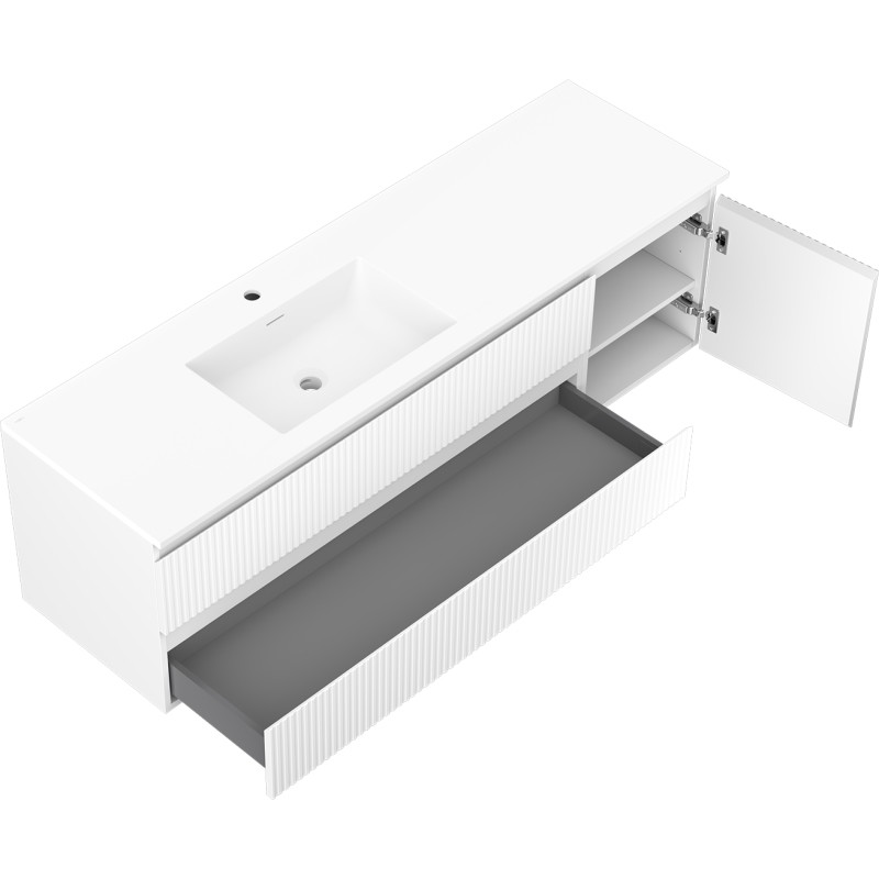 Mexen Rivel Badezimmerschrank 160 cm mit Waschbecken Otis links, 2S, 1D, geriffelt, weiß matt - 91A23-16047-3-BBFFF01-W18L01