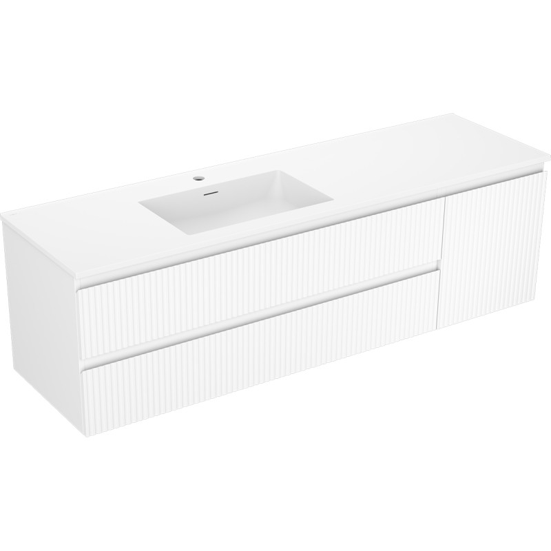 Mexen Rivel Badezimmerschrank 160 cm mit Waschbecken Otis links, 2S, 1D, geriffelt, weiß matt - 91A23-16047-3-BBFFF01-W18L01