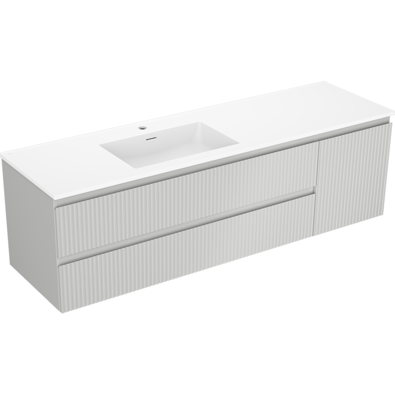 Mexen Rivel Badezimmerschrank 160 cm mit Waschbecken Otis links, 2S, 1D, geriffelt, graumatt/weißmatt