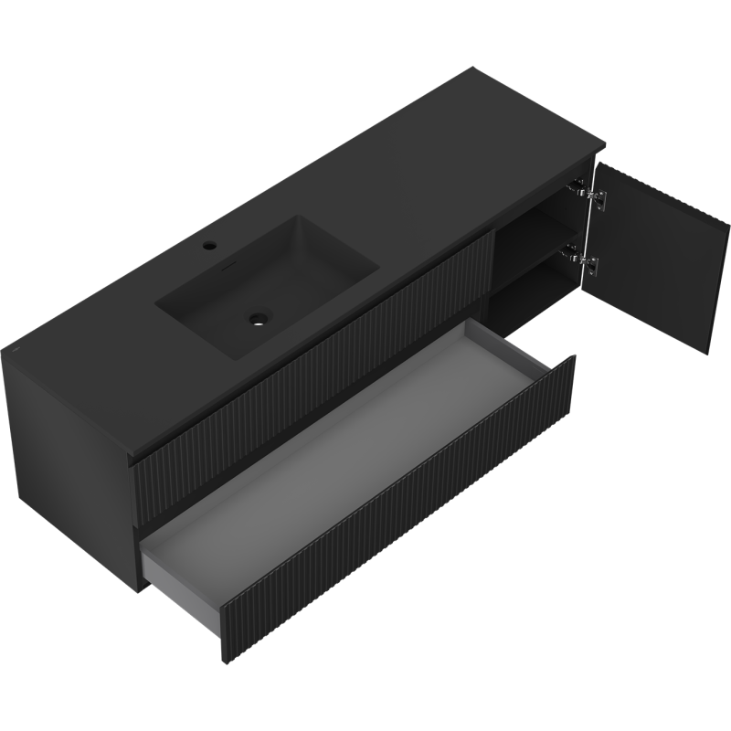 Mexen Rivel 160 cm Badezimmerschrank mit Waschbecken Otis links, 2S, 1D, geriffelt, schwarz matt - 91A23-16047-3-BBFFF71-W18L71