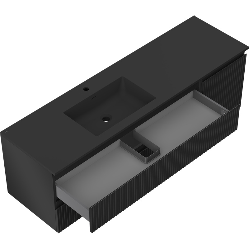 Mexen Rivel 160 cm Badezimmerschrank mit Waschbecken Otis links, 2S, 1D, geriffelt, schwarz matt - 91A23-16047-3-BBFFF71-W18L71