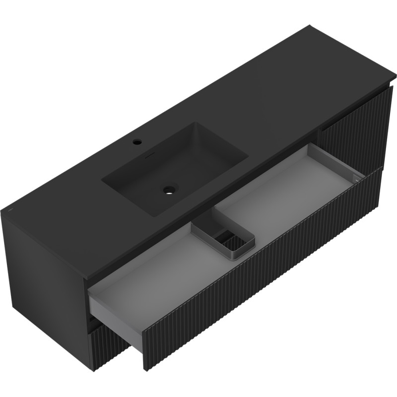 Mexen Rivel Badezimmerschrank 160 cm mit Waschbecken Otis links, 2S, 1D, geriffelt, schwarz matt - 91A23-16047-3-BBFFF71-W18L71
