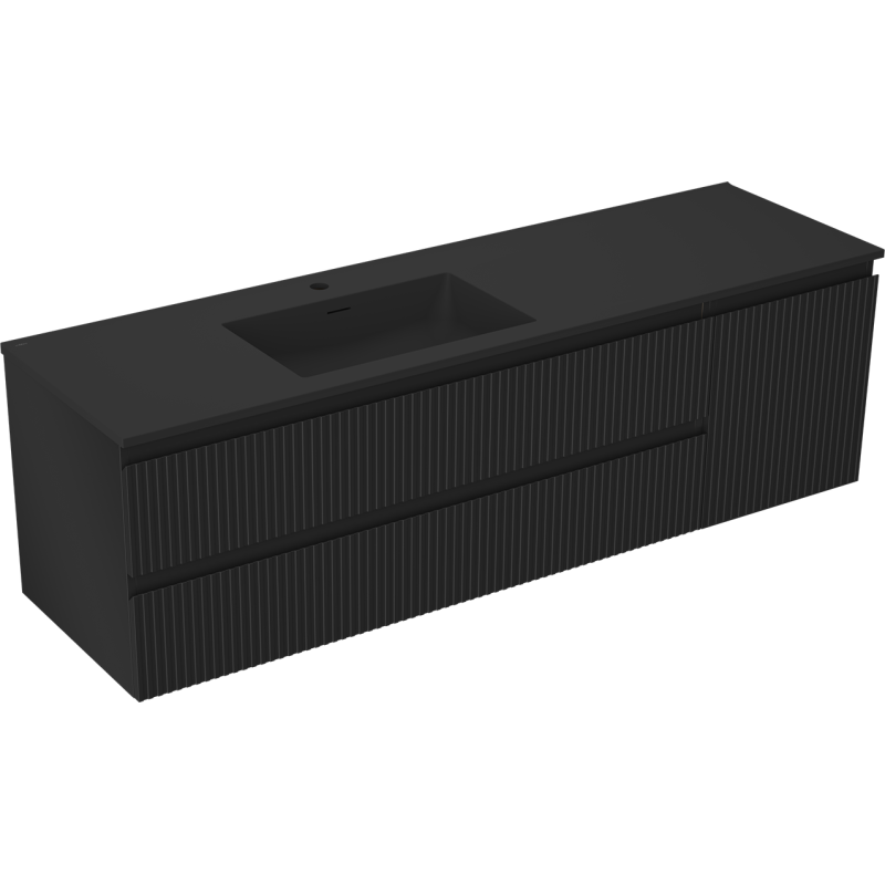 Mexen Rivel 160 cm Badezimmerschrank mit Waschbecken Otis links, 2S, 1D, geriffelt, schwarz matt - 91A23-16047-3-BBFFF71-W18L71
