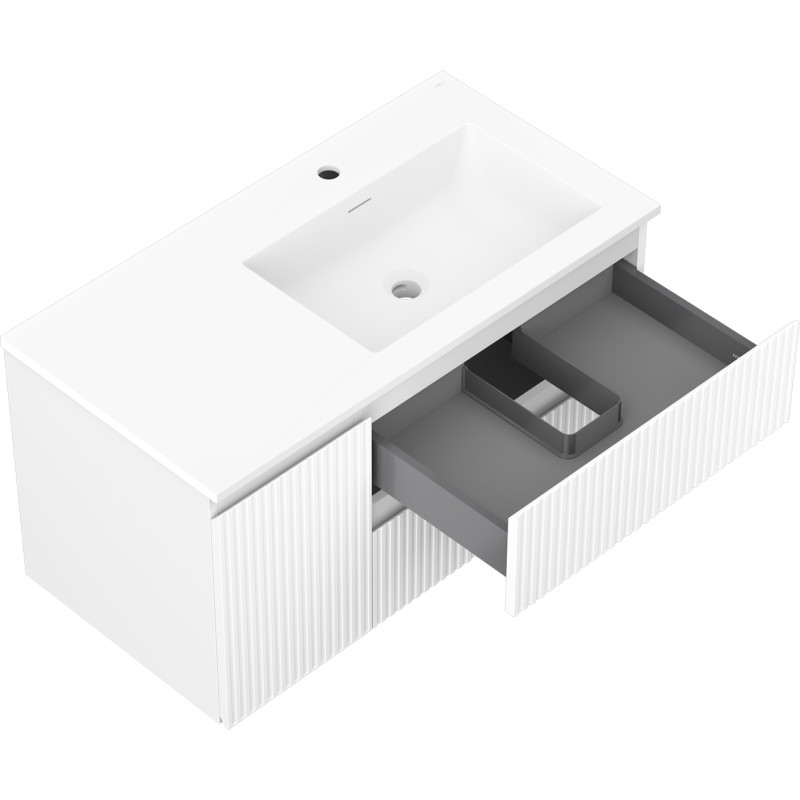 Mexen Rivel Badezimmerschrank 90 cm mit Waschbecken Otis rechts, 2S, 1D, geriffelt, weiß matt - 91A23-09047-3-BBFFF01-W18P01