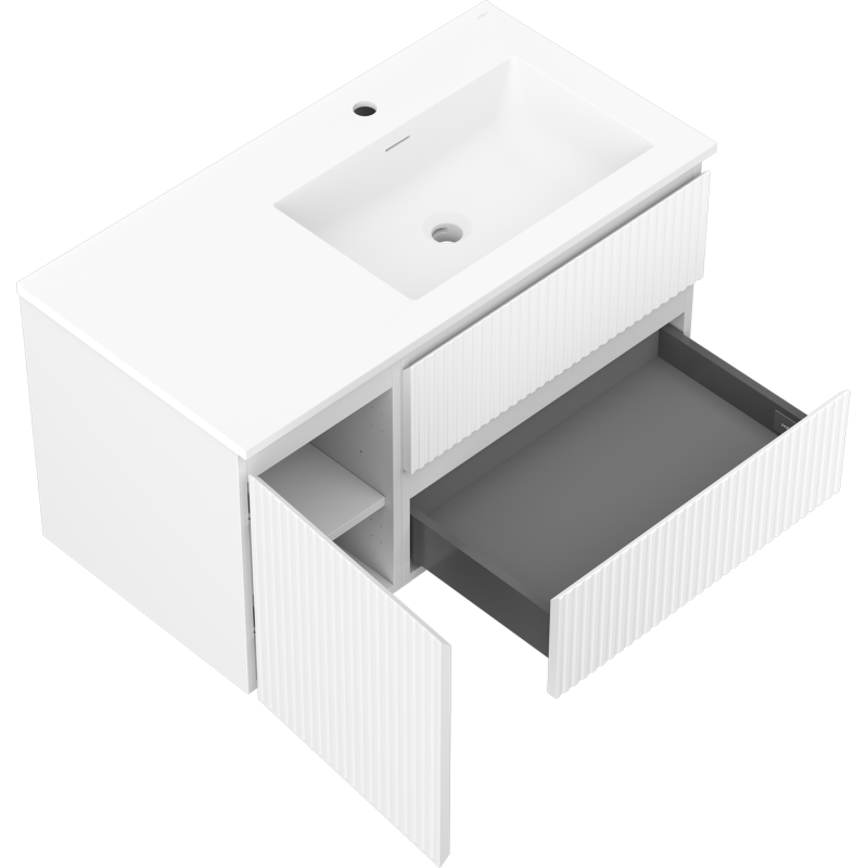 Mexen Rivel Badezimmerschrank 90 cm mit rechtem Otis-Waschbecken, 2S, 1D, geriffelt, weiß matt - 91A23-09047-3-BBFFF01-W18P01
