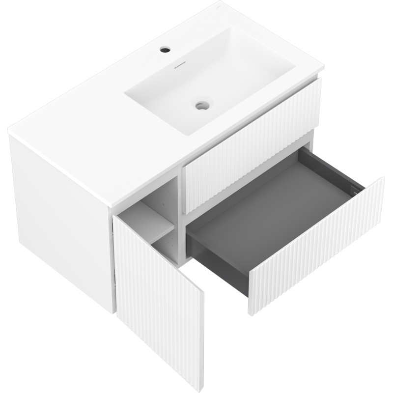 Mexen Rivel Badezimmerschrank 90 cm mit Waschbecken Otis rechts, 2S, 1D, geriffelt, weiß matt - 91A23-09047-3-BBFFF01-W18P01
