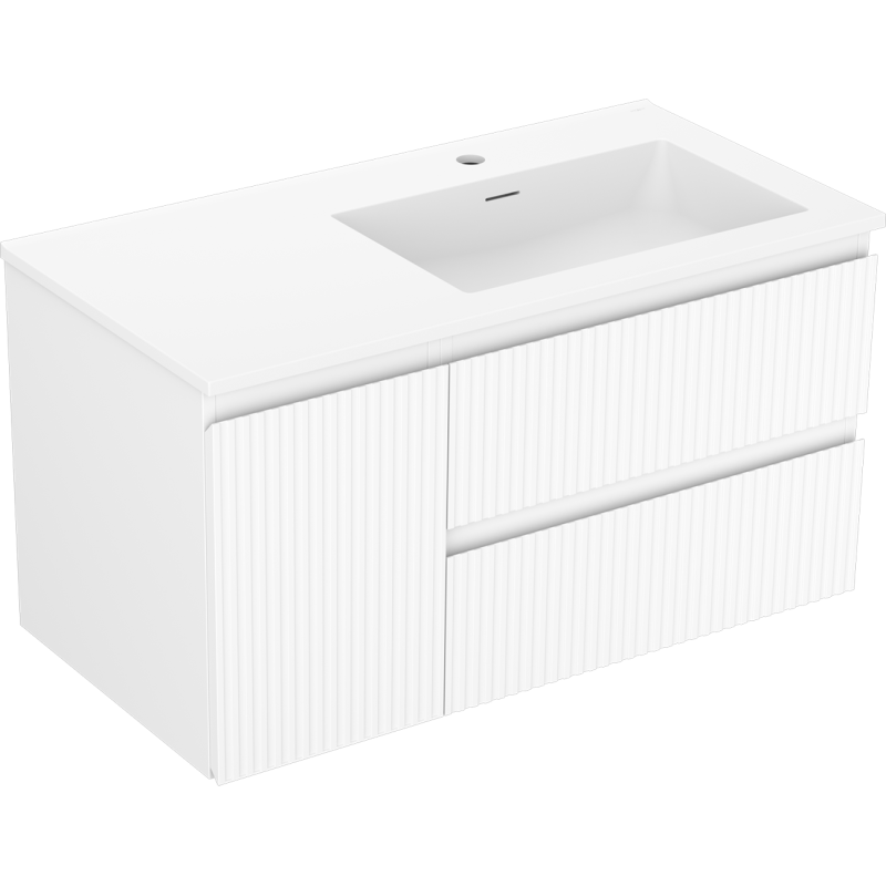 Mexen Rivel Badezimmerschrank 90 cm mit rechtem Otis-Waschbecken, 2S, 1D, geriffelt, weiß matt - 91A23-09047-3-BBFFF01-W18P01