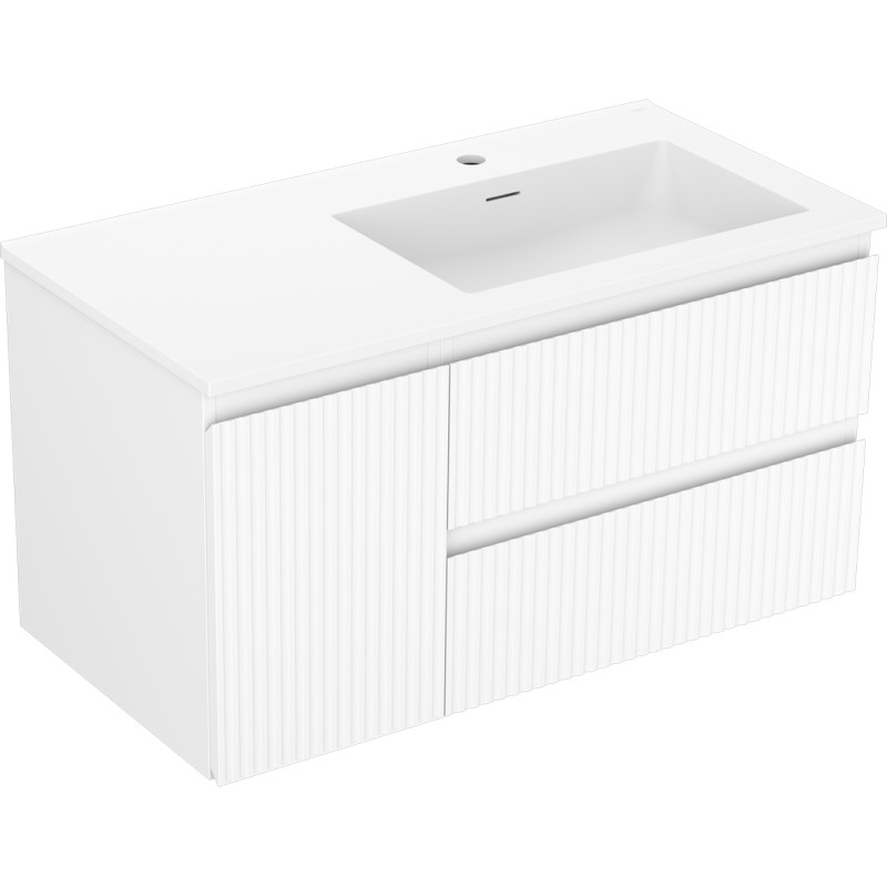 Mexen Rivel Badezimmerschrank 90 cm mit Waschbecken Otis rechts, 2S, 1D, geriffelt, weiß matt - 91A23-09047-3-BBFFF01-W18P01