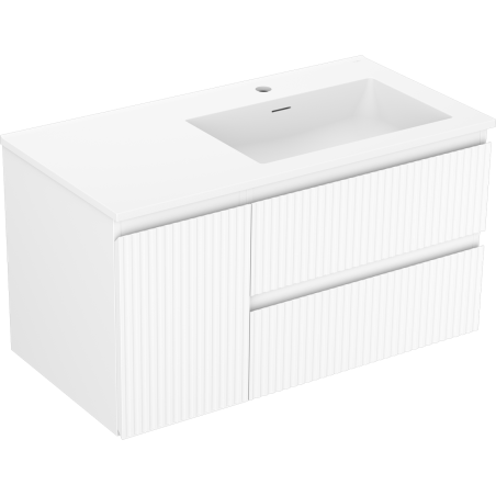 Mexen Rivel Badezimmerschrank 90 cm mit rechtem Otis-Waschbecken, 2S, 1D, geriffelt, weiß matt - 91A23-09047-3-BBFFF01-W18P01