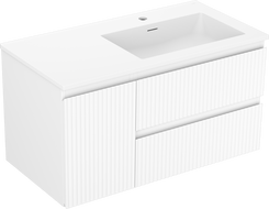Mexen Rivel Badezimmerschrank 90 cm mit Waschbecken Otis rechts, 2S, 1D, geriffelt, weiß matt - 91A23-09047-3-BBFFF01-W18P01