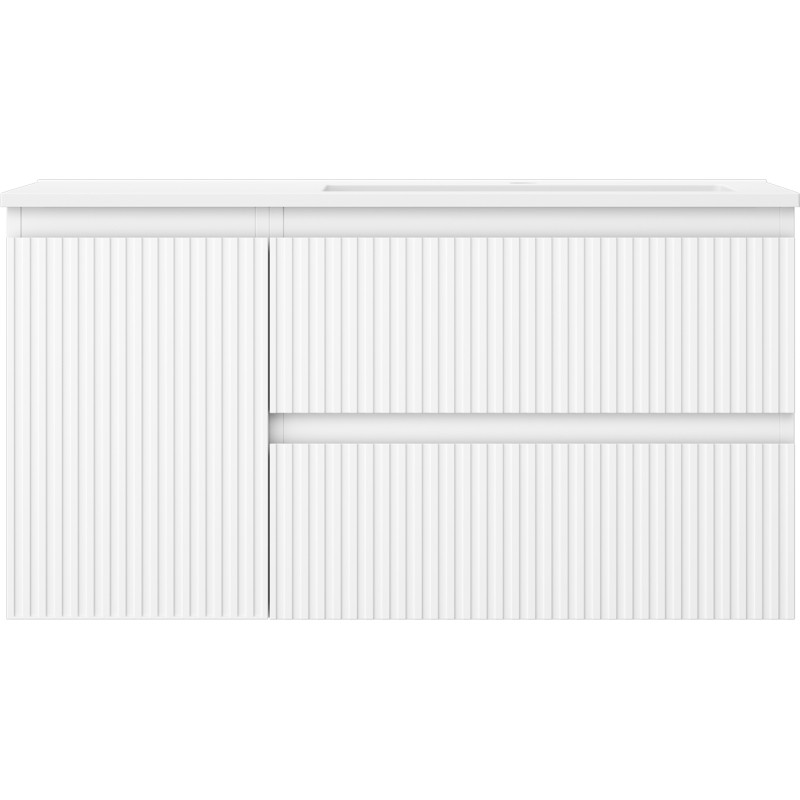 Mexen Rivel Badezimmerschrank 90 cm mit Waschbecken Otis rechts, 2S, 1D, geriffelt, weiß matt - 91A23-09047-3-BBFFF01-W18P01