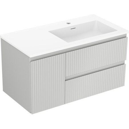 Mexen Rivel Badezimmerschrank 90 cm mit Waschbecken Otis rechts, 2S, 1D, gerillt, grau matt/weiß matt