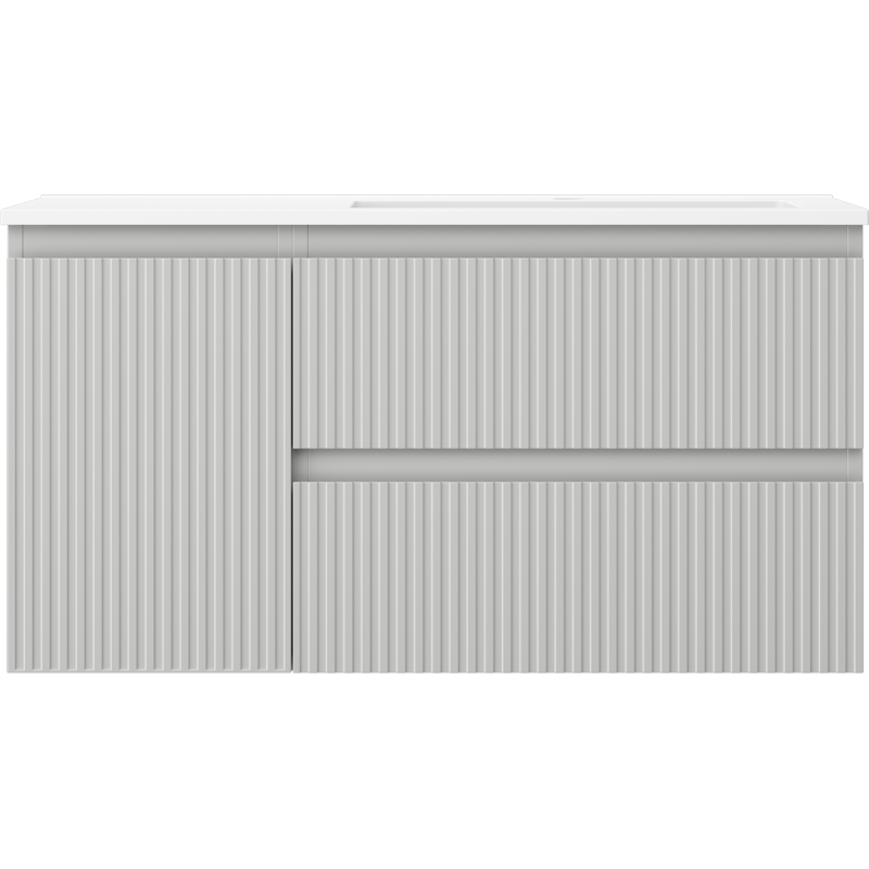 Mexen Rivel Badezimmerschrank 90 cm mit Waschbecken Otis rechts, 2S, 1D, gerillt, grau matt/weiß matt