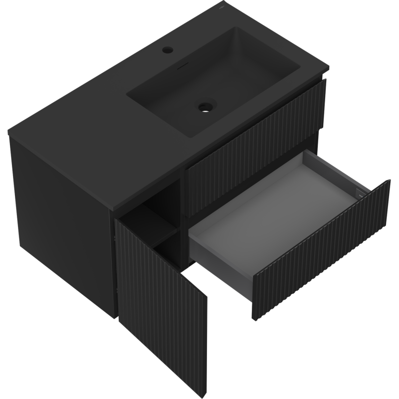 Mexen Rivel Badezimmer-Schrank 90 cm mit Waschbecken Otis rechts, 2S, 1D, gerillt, schwarz matt - 91A23-09047-3-BBFFF71-W18P71