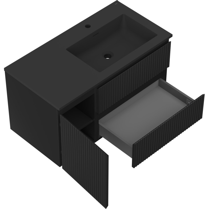 Mexen Rivel Badezimmerschrank 90 cm mit Waschbecken Otis rechts, 2S, 1D, geriffelt, schwarz matt - 91A23-09047-3-BBFFF71-W18P71