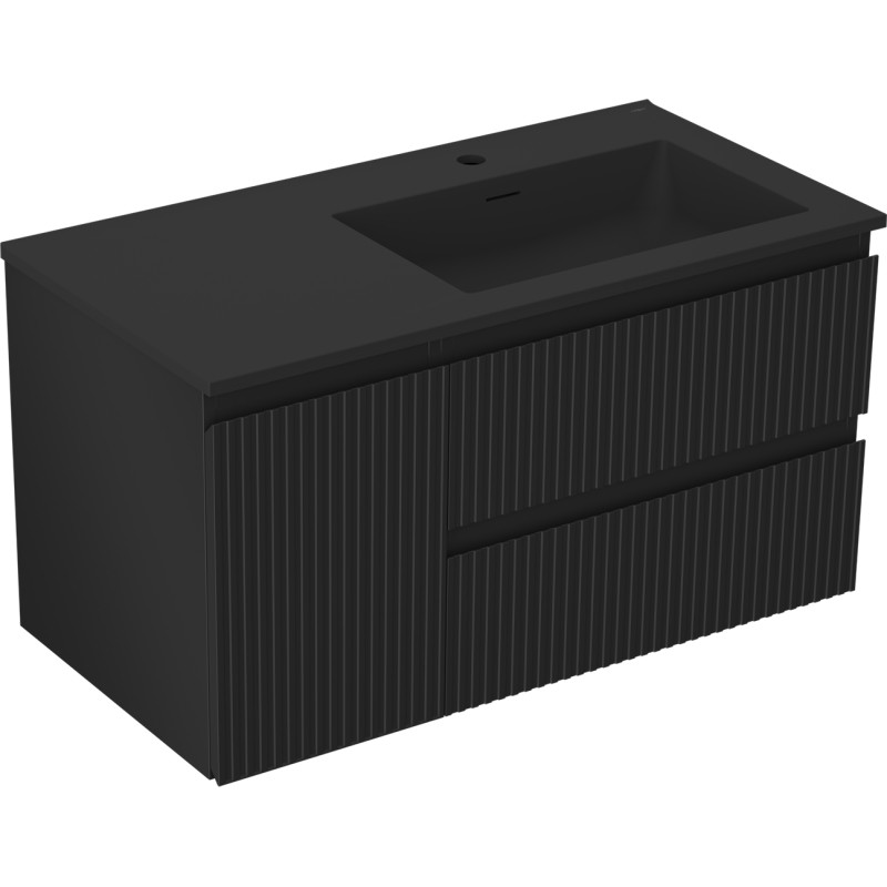 Mexen Rivel Badezimmerschrank 90 cm mit Waschbecken Otis rechts, 2S, 1D, geriffelt, schwarz matt - 91A23-09047-3-BBFFF71-W18P71