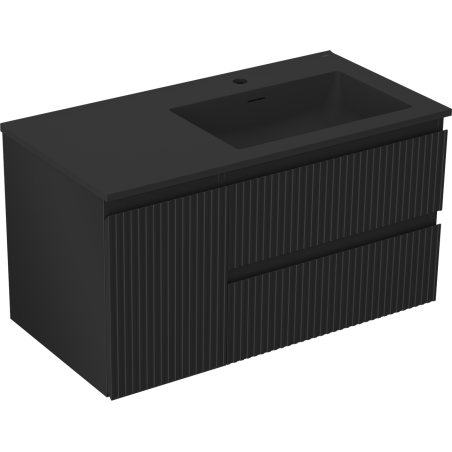Mexen Rivel Badezimmerschrank 90 cm mit Waschbecken Otis rechts, 2S, 1D, geriffelt, schwarz matt - 91A23-09047-3-BBFFF71-W18P71