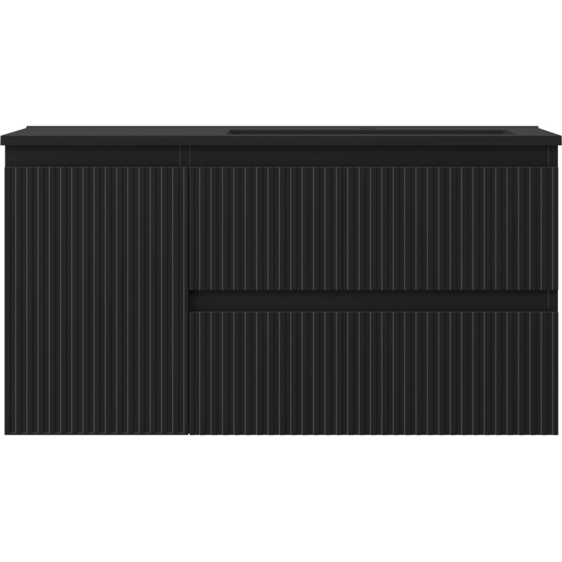 Mexen Rivel Badezimmerschrank 90 cm mit Waschbecken Otis rechts, 2S, 1D, geriffelt, schwarz matt - 91A23-09047-3-BBFFF71-W18P71