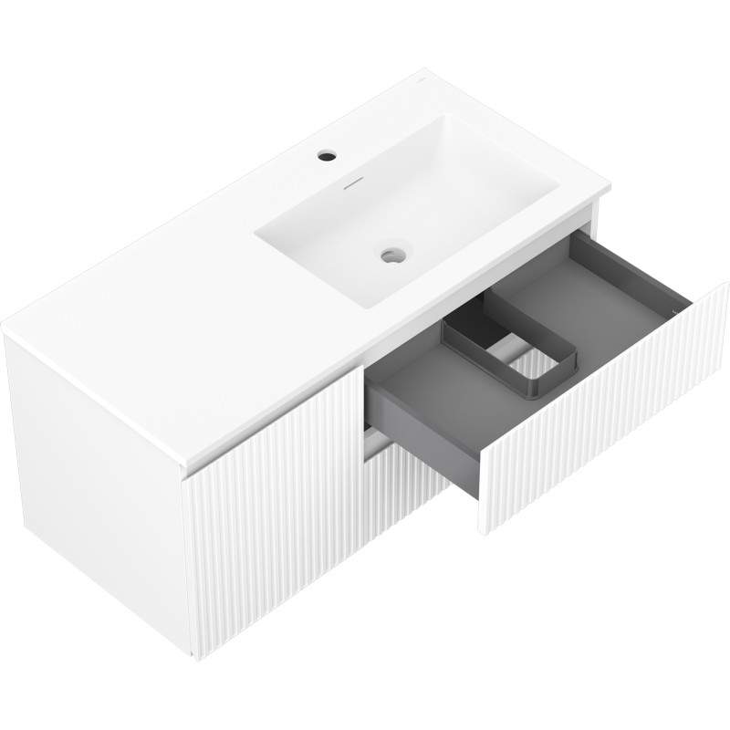 Mexen Rivel Badezimmerschrank 100 cm mit Waschbecken Otis rechts, 2S, 1D, gerillt, weiß matt - 91A23-10047-3-BBFFF01-W18P01