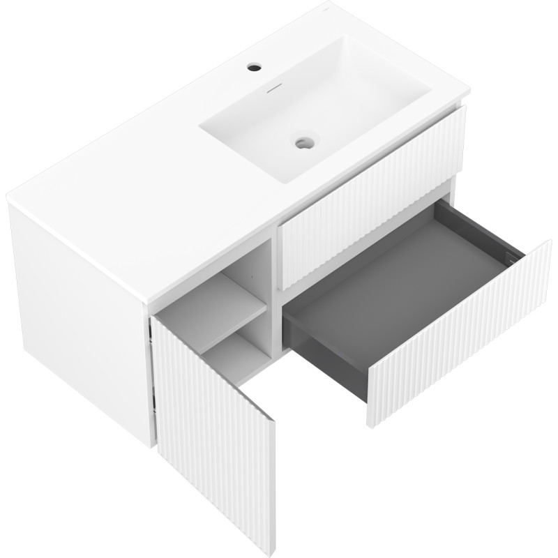 Mexen Rivel Badezimmerschrank 100 cm mit Waschbecken Otis rechts, 2S, 1D, gerillt, weiß matt - 91A23-10047-3-BBFFF01-W18P01