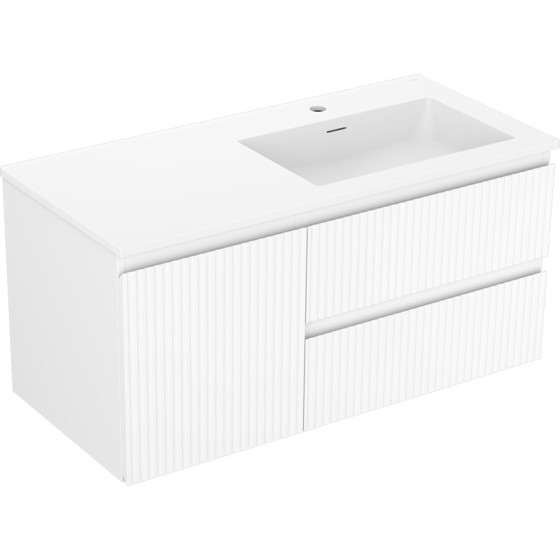 Mexen Rivel Badezimmerschrank 100 cm mit Waschbecken Otis rechts, 2S, 1D, gerillt, weiß matt - 91A23-10047-3-BBFFF01-W18P01