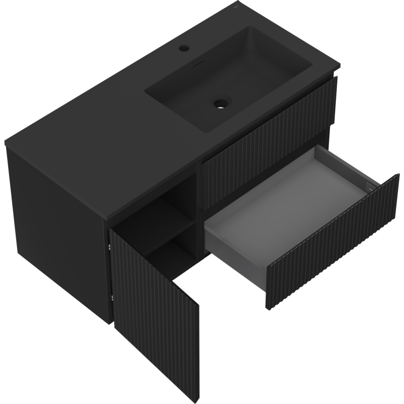 Mexen Rivel Badezimmerschrank 100 cm mit Waschbecken Otis rechts, 2S, 1D, geriffelt, schwarz matt - 91A23-10047-3-BBFFF71-W18P71