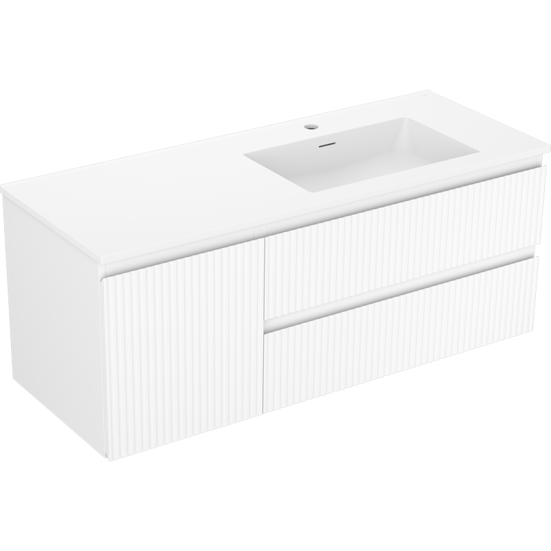Mexen Rivel Badezimmerschrank 120 cm mit Waschbecken Otis rechts, 2S, 1D, geriffelt, weiß matt - 91A23-12047-3-BBFFF01-W18P01