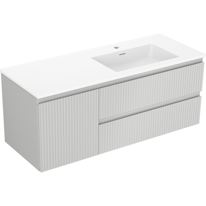 Mexen Rivel Badezimmerschrank 120 cm mit Waschbecken Otis rechts, 2S, 1D, gerillt, grau/weiß matt