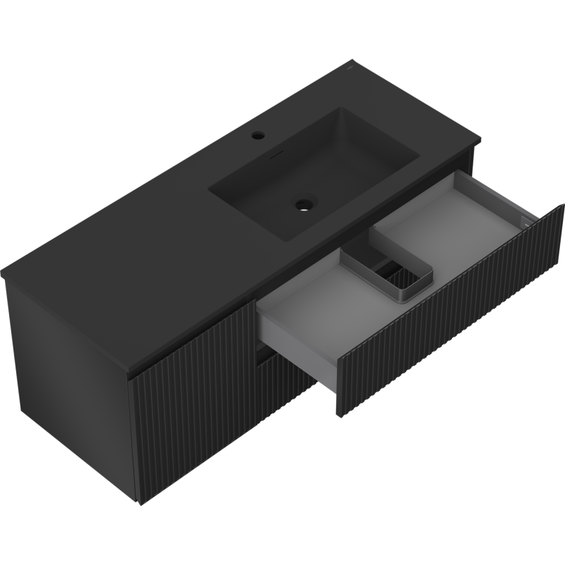 Mexen Rivel Badezimmerschrank 120 cm mit Waschbecken Otis rechts, 2S, 1D, gerillt, schwarz matt - 91A23-12047-3-BBFFF71-W18P71