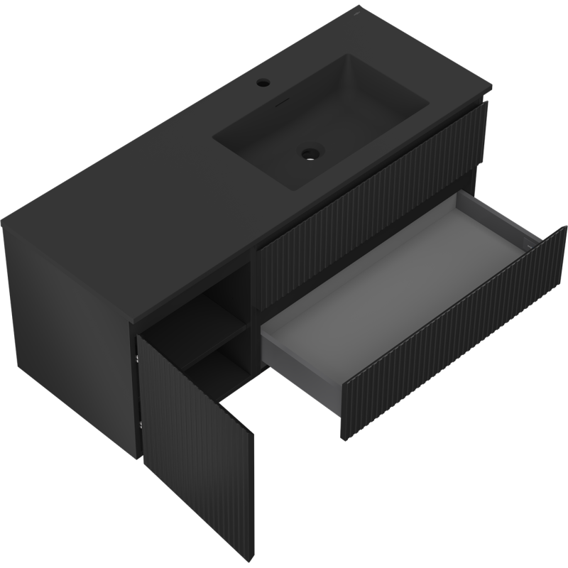 Mexen Rivel Badezimmerschrank 120 cm mit Waschbecken Otis rechts, 2S, 1D, gerillt, schwarz matt - 91A23-12047-3-BBFFF71-W18P71