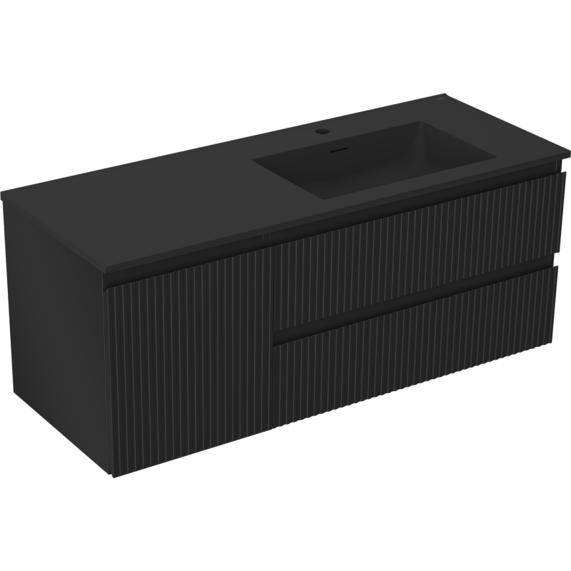 Mexen Rivel Badezimmerschrank 120 cm mit Waschbecken Otis rechts, 2S, 1D, gerillt, schwarz matt - 91A23-12047-3-BBFFF71-W18P71