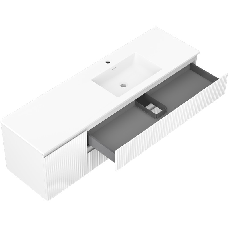 Mexen Rivel Badezimmerschrank 160 cm mit Waschbecken Otis rechts, 2S, 1D, geriffelt, weiß matt - 91A23-16047-3-BBFFF01-W18P01