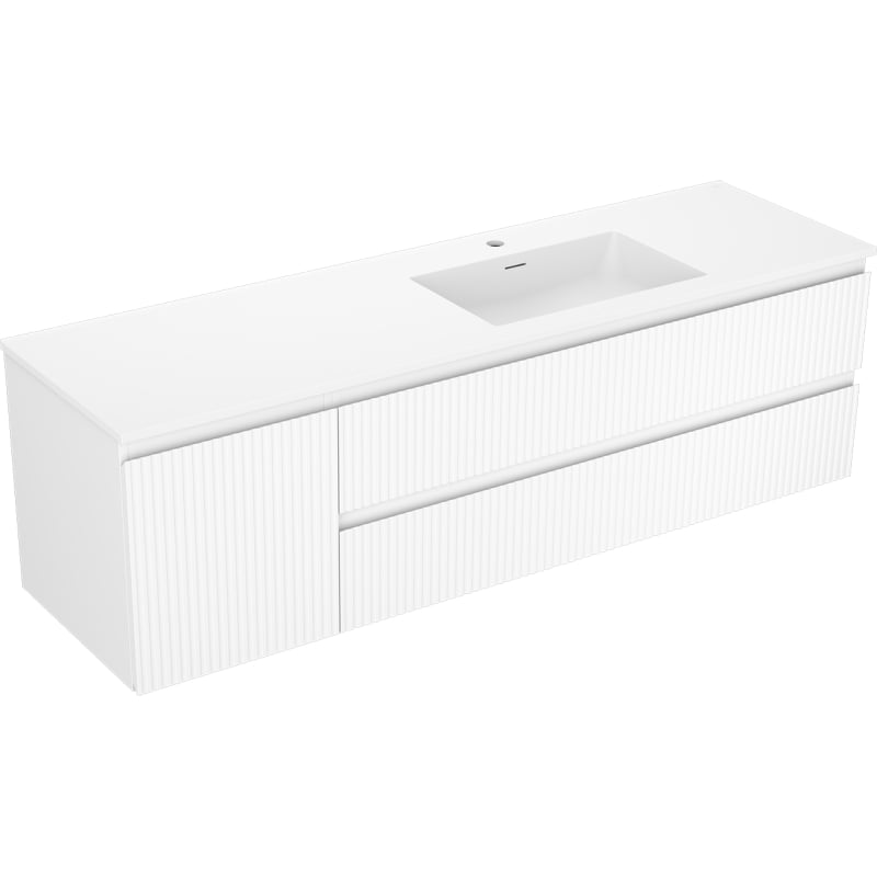 Mexen Rivel Badezimmerschrank 160 cm mit Waschbecken Otis rechts, 2S, 1D, geriffelt, weiß matt - 91A23-16047-3-BBFFF01-W18P01