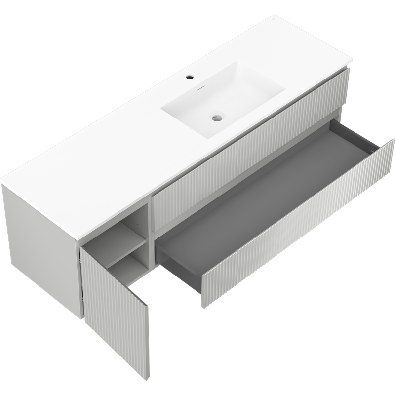 Mexen Rivel Badezimmerschrank 160 cm mit Waschbecken Otis rechts, 2S, 1D, gerillt, grau/weiß matt