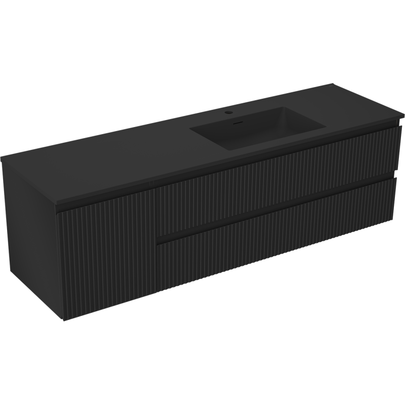 Mexen Rivel Badezimmerschrank 160 cm mit Waschbecken Otis rechts, 2S, 1D, geriffelt, schwarz matt - 91A23-16047-3-BBFFF71-W18P71