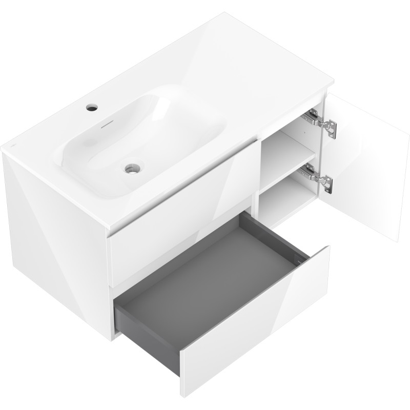 Mexen Orio Badezimmerschrank 90 cm mit Waschbecken Vela links, 2S, 1D, weiß Hochglanz - 91A13-09047-3-BBFFF00-W23L00