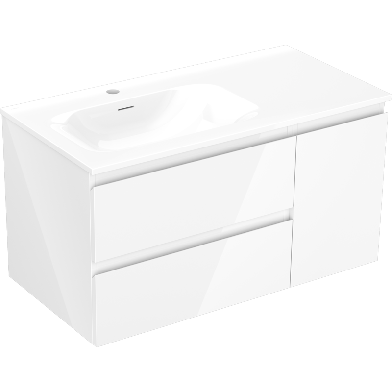 Mexen Orio Badezimmerschrank 90 cm mit Waschbecken Vela links, 2S, 1D, weiß glänzend - 91A13-09047-3-BBFFF00-W23L00