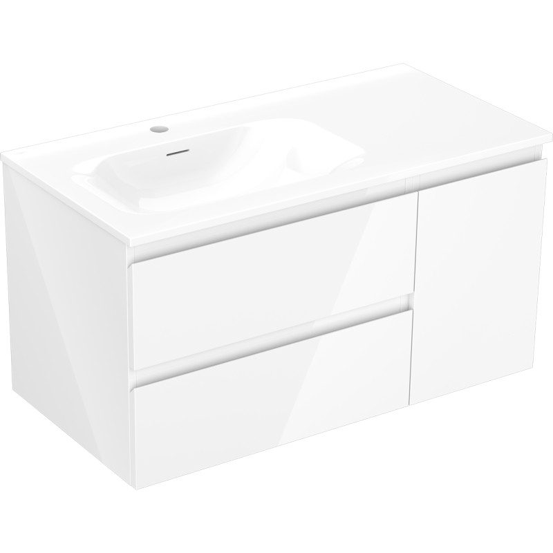 Mexen Orio Badezimmerschrank 90 cm mit Waschbecken Vela links, 2S, 1D, weiß Hochglanz - 91A13-09047-3-BBFFF00-W23L00