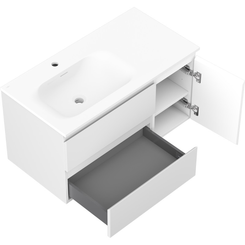 Mexen Orio Badezimmerschrank 90 cm mit Waschbecken Vela links, 2S, 1D, weiß matt - 91A13-09047-3-BBFFFF01-W23L01