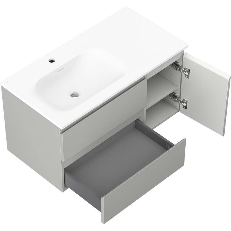 Mexen Orio Badezimmerschrank 90 cm mit Waschbecken Vela links, 2S, 1D, graumatt/weißmatt - 91A13-09047-3-BBFFF62-W23L01