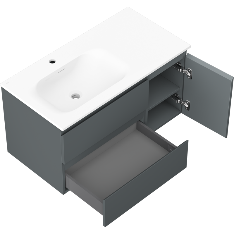 Mexen Orio Badezimmerschrank 90 cm mit Vela Waschbecken links, 2S, 1D, grafit matt/weiß matt - 91A13-09047-3-BBFFF66-W23L01