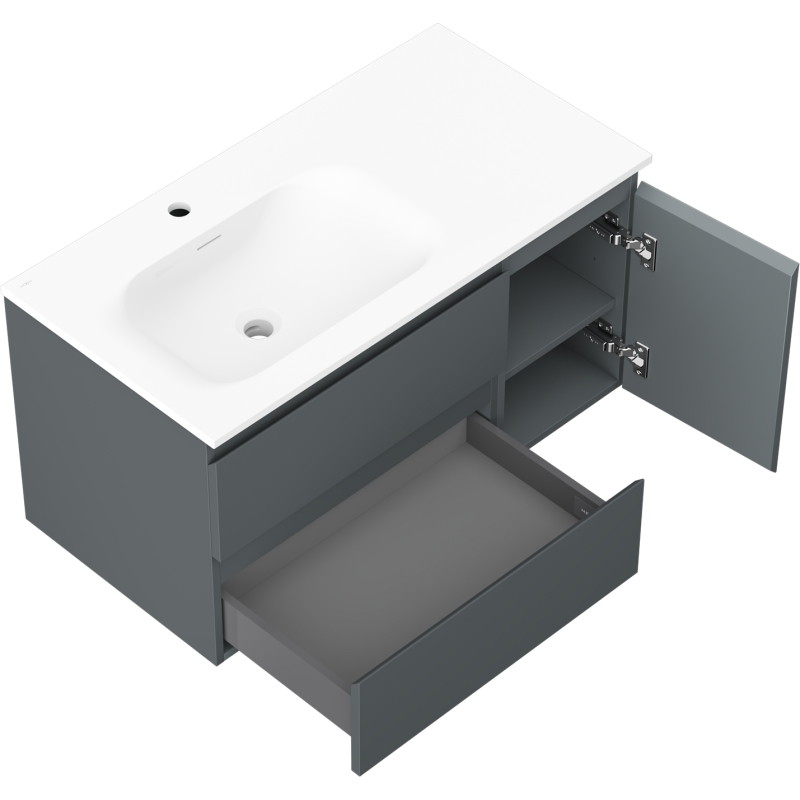 Mexen Orio Badezimmerschrank 90 cm mit Waschbecken Vela links, 2S, 1T, Grafit matt/Weiß matt - 91A13-09047-3-BBFFF66-W23L01