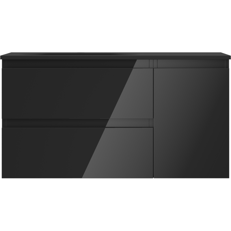 Mexen Orio Badezimmerschrank 90 cm mit Waschbecken Vela links, 2S, 1T, schwarz glänzend/schwarz matt