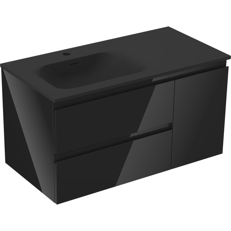 Mexen Orio Badezimmerschrank 90 cm mit Waschbecken Vela links, 2S, 1T, schwarz glänzend/schwarz matt