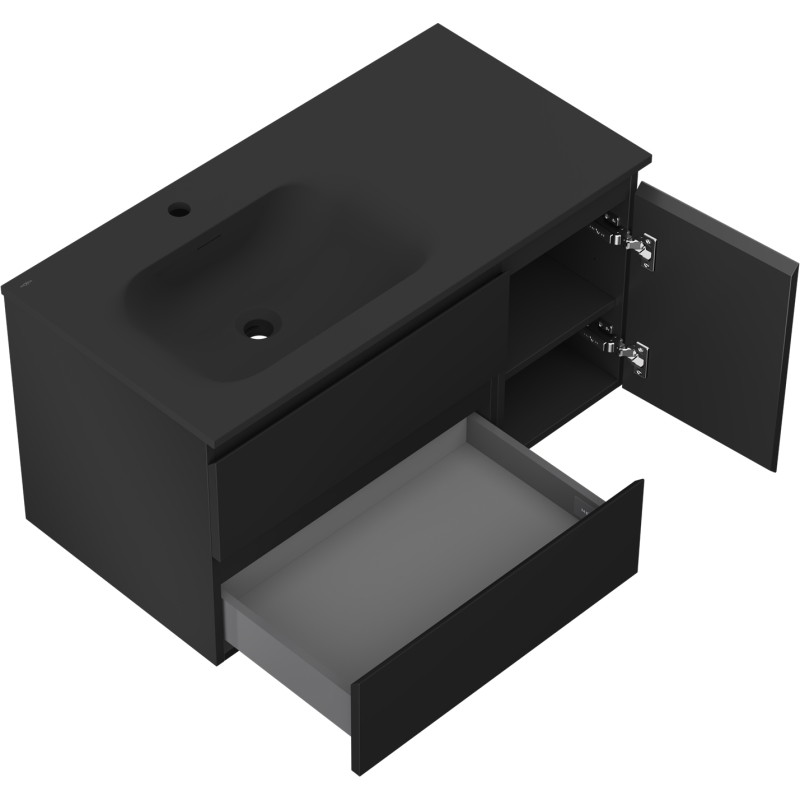 Mexen Orio Badezimmerschrank 90 cm mit Waschbecken Vela links, 2S, 1T, Schwarz matt - 91A13-09047-3-BBFFF71-W23L71