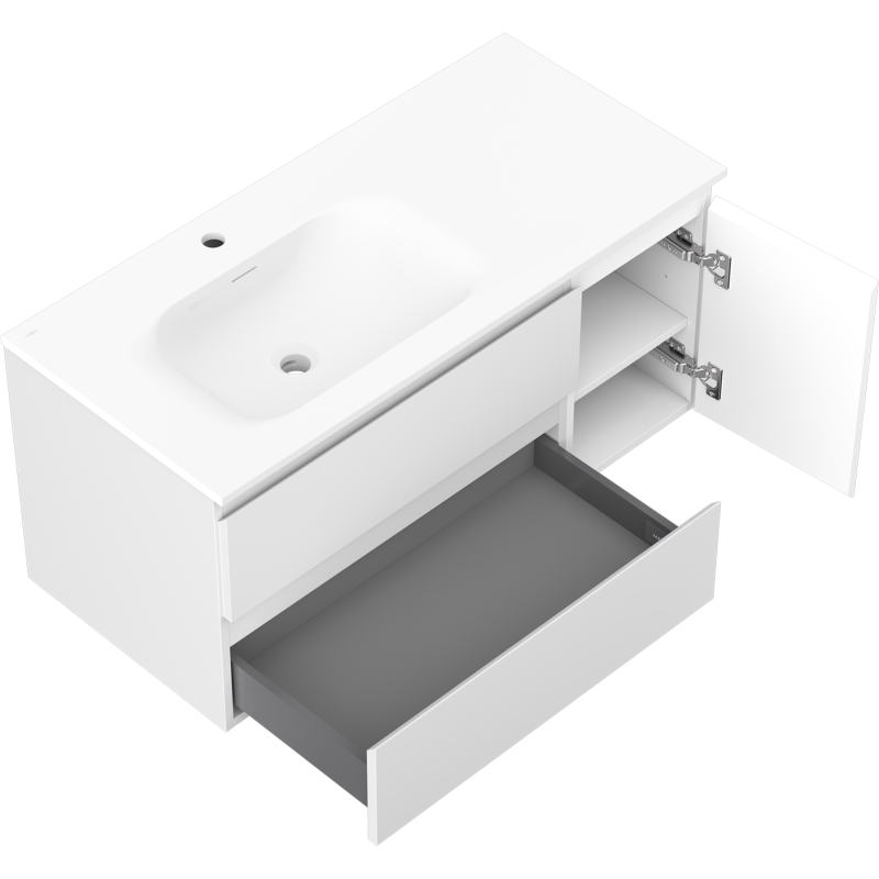 Mexen Orio 100 cm Badezimmer-Unterschrank mit linkem Waschbecken Vela, 2S, 1T, weiß matt - 91A13-10047-3-BBFFFF01-W23L01
