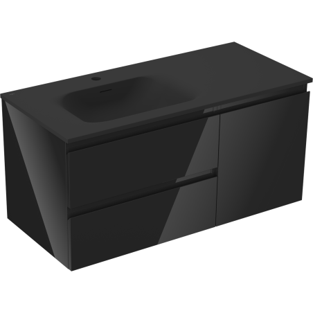 Mexen Orio Badezimmerschrank 100 cm mit Waschbecken Vela links, 2S, 1D, schwarz glänzend/schwarz matt
